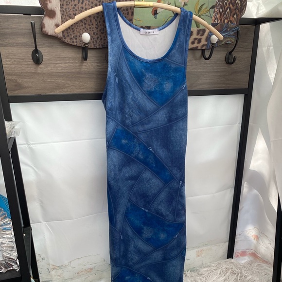 Women’s Tank Midi Dress with Patchwork Denim Print - Picture 1 of 9